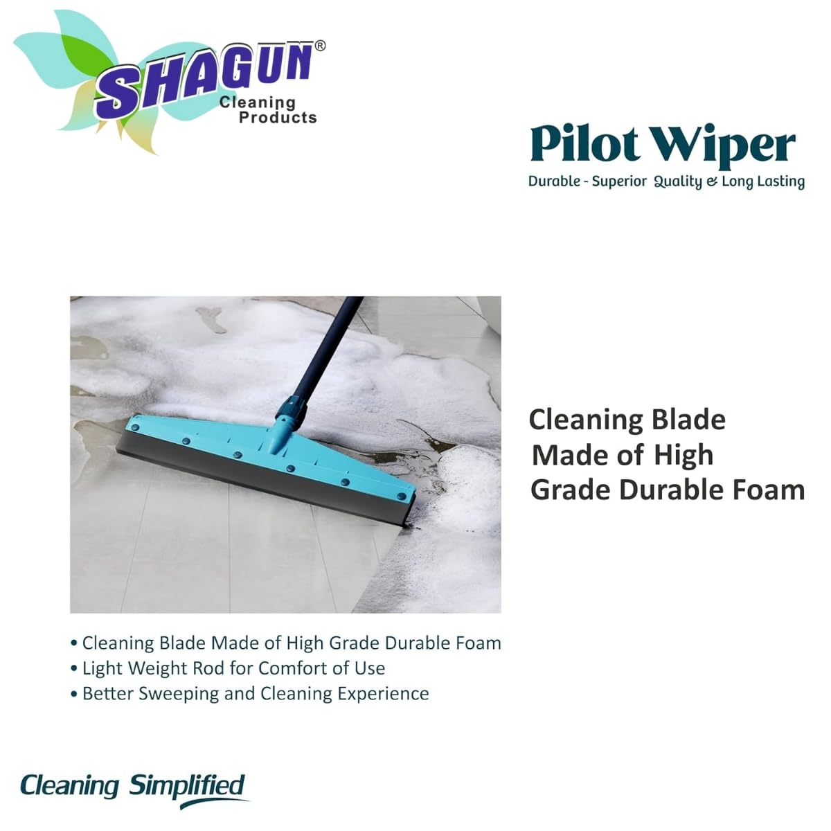 SHAGUN Premium Wiper with 49" High Qaulity PVC Coasted Handle, Eva Rubber, Floor Cleaner, Bathroom Cleaner for Heavy Duty