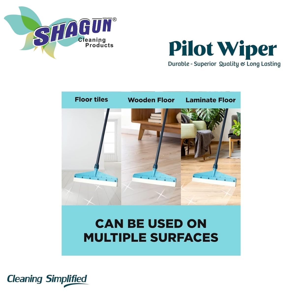 SHAGUN Premium Wiper with 49" High Qaulity PVC Coasted Handle, Eva Rubber, Floor Cleaner, Bathroom Cleaner for Heavy Duty
