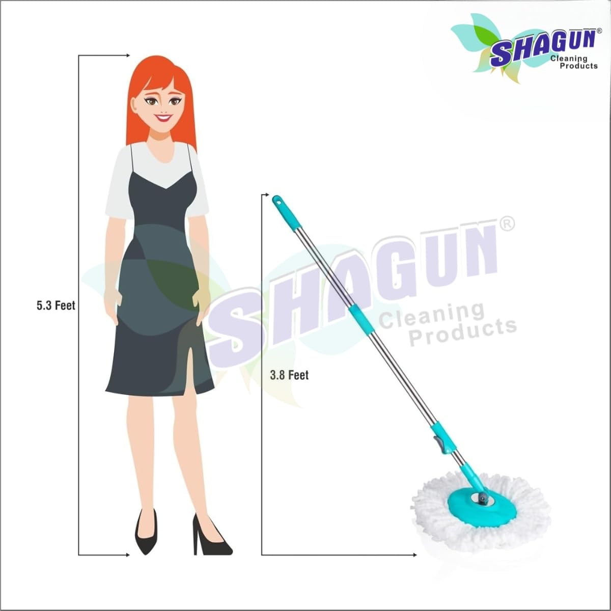SHAGUN 360° Spin Mop Stick with Lock System, Stainless Steel Handle, Microfiber Refill, Adjustable Rod for Home & Office Cleaning