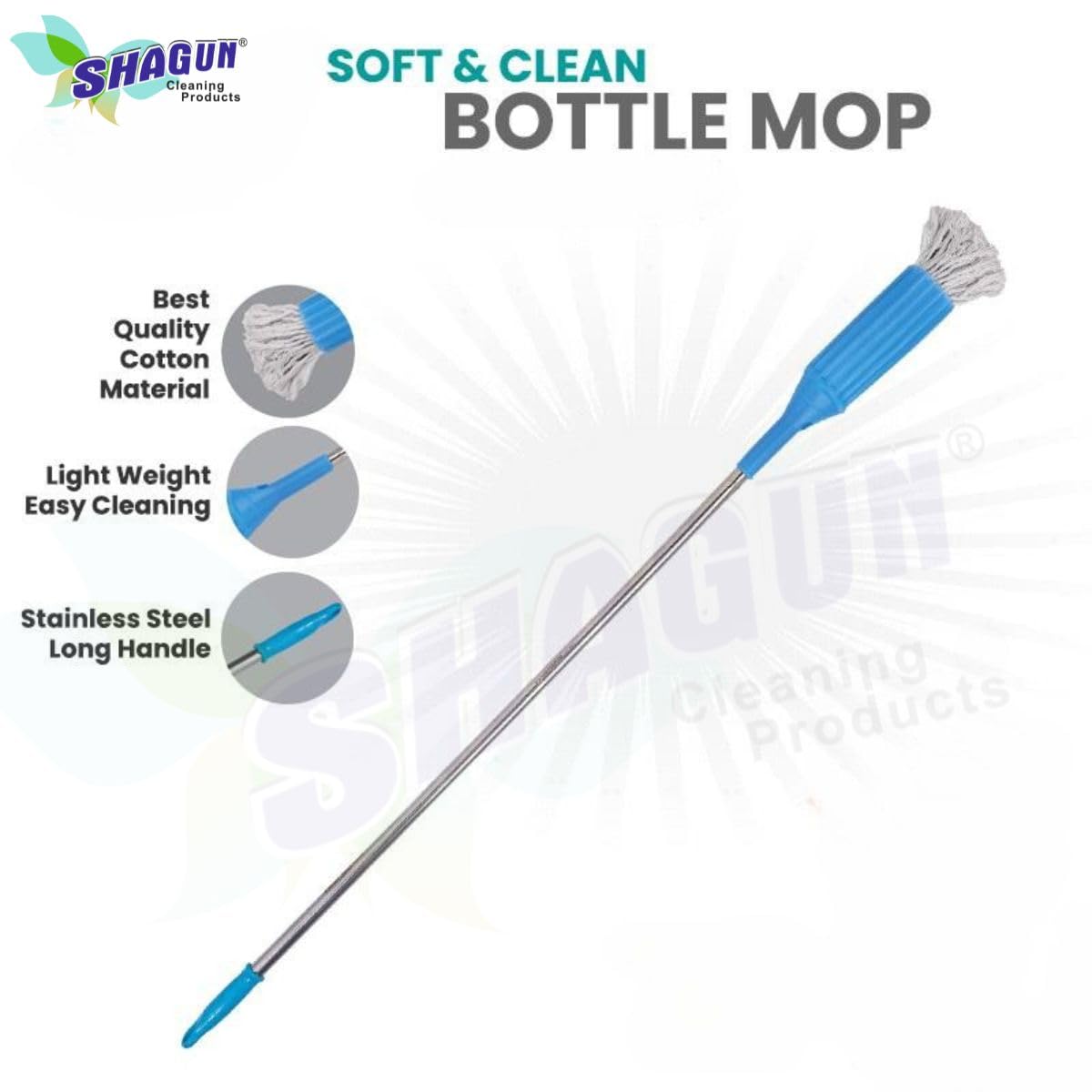 SHAGUN Microfiber Bottle Mop with Long Handle, Floor Cleaning Mop for Tiles, Wood and Marble, Turquoise