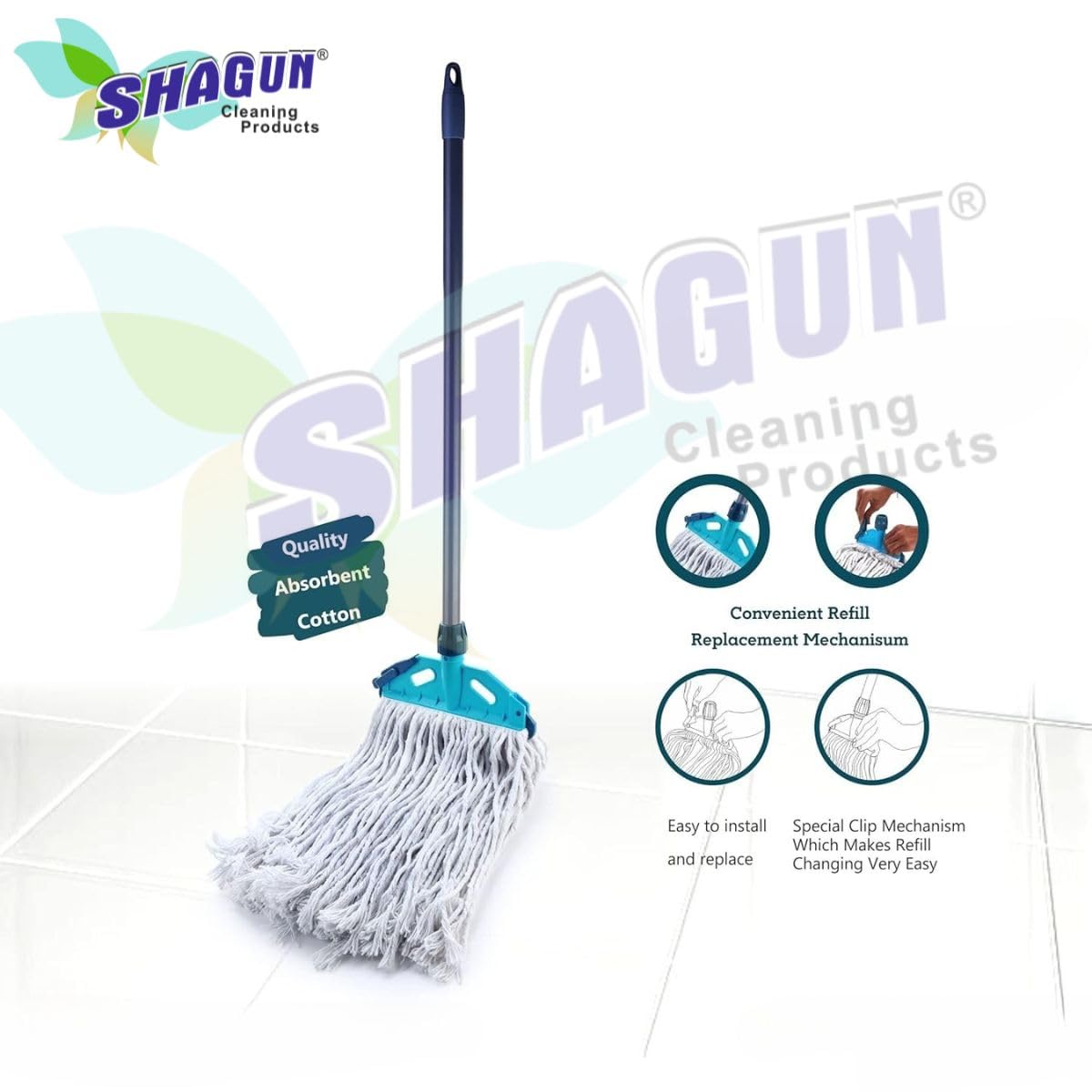 SHAGUN Cotton Wet Mop, Heavy-Duty Floor Cleaning Mop with Long Handle, Grey and Turquoise