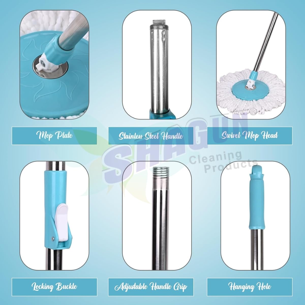 SHAGUN 360° Spin Mop Stick with Lock System, Stainless Steel Handle, Microfiber Refill, Adjustable Rod for Home & Office Cleaning
