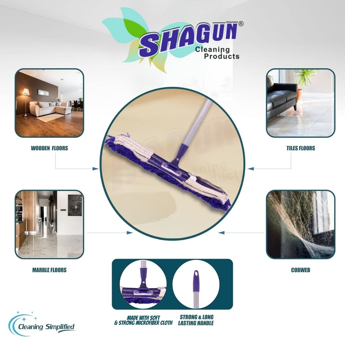 SHAGUN 360° Rotating Heavy-Duty Cotton Dry Mop Industrial Floor Cleaning with Sturdy Handle & Reusable Mop Pad