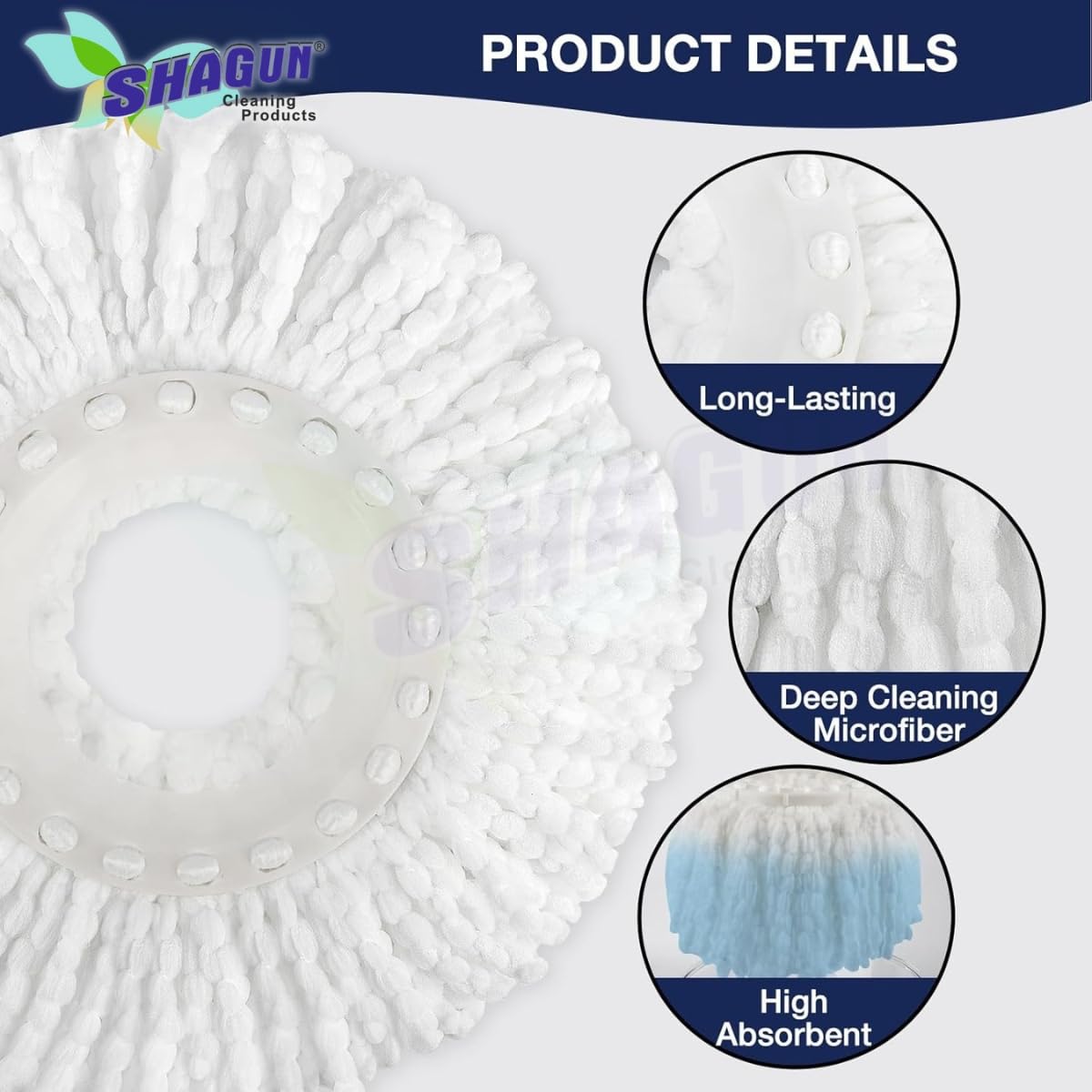 SHAGUN 360° Spin Mop Refill – Super Absorbent Microfiber Head, Durable & Washable Cleaning Pad for Home, Office, Tile, Marble & Wooden Floors (White and Blue) (4)