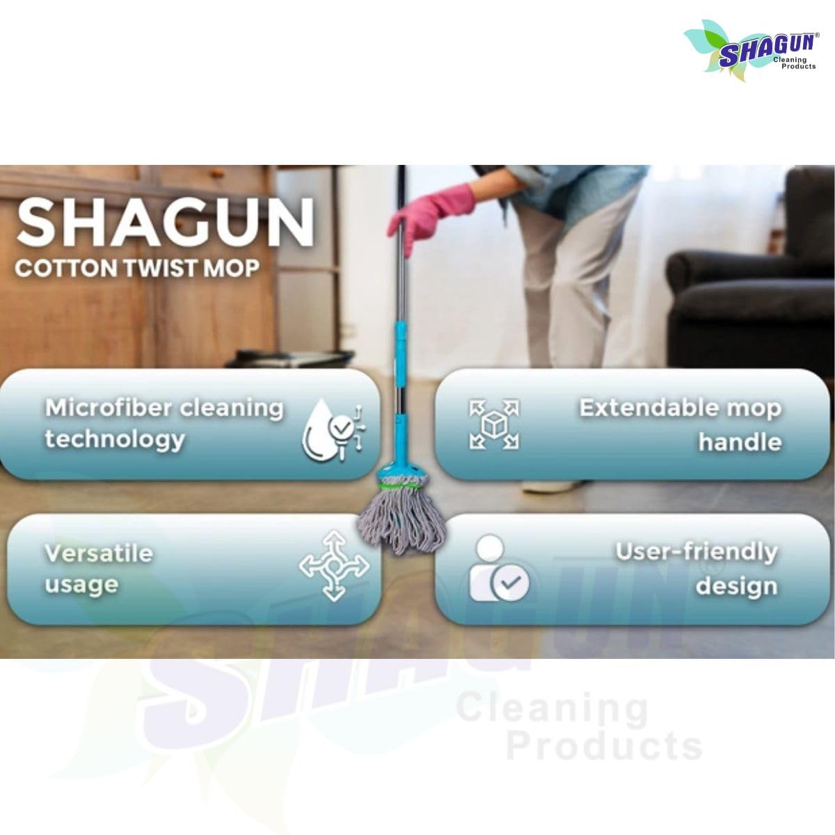 SHAGUN Twist Microfiber Mop with Adjustable Steel Rod – Heavy-Duty Self-Wringing Floor Cleaning Mop