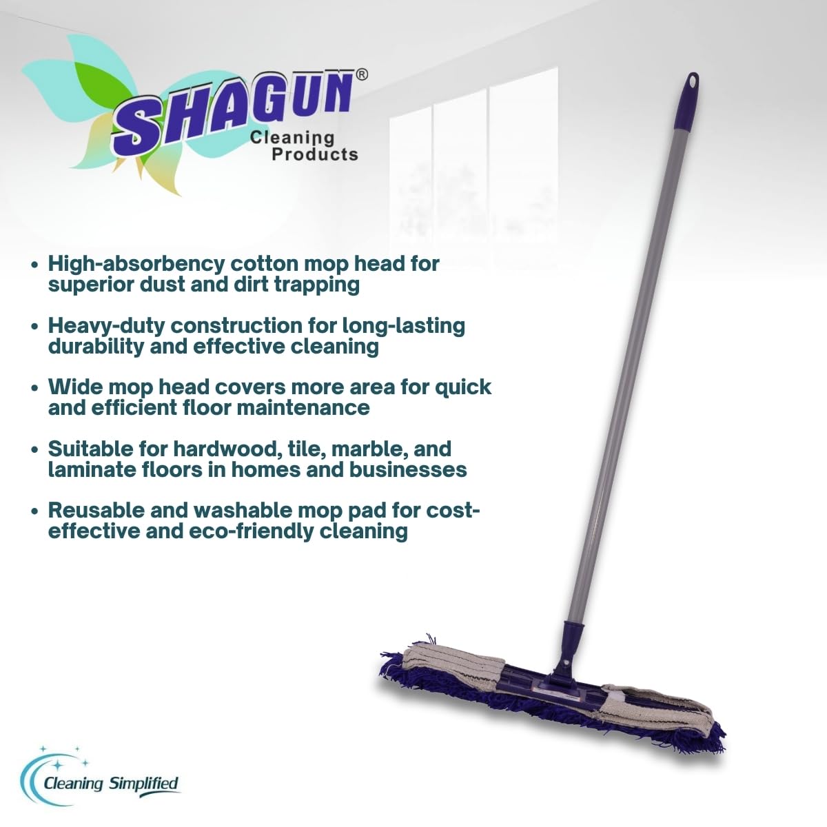 SHAGUN 360° Rotating Heavy-Duty Cotton Dry Mop Industrial Floor Cleaning with Sturdy Handle & Reusable Mop Pad