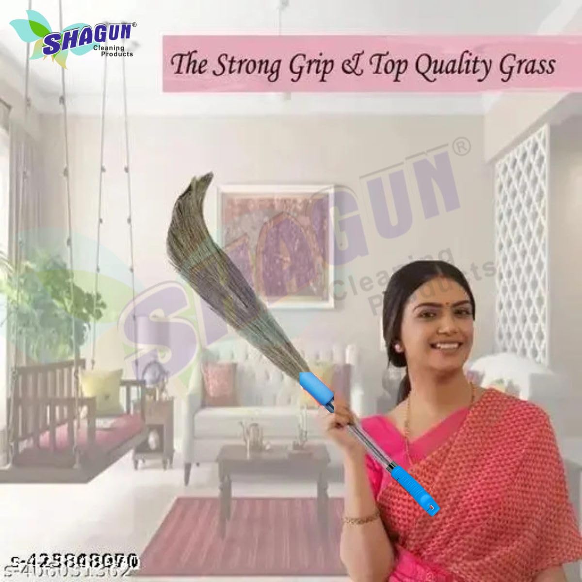 SHAGUN Extra-Long Grass Broom with Steel Handle – Durable Natural Bristles for Efficient Sweeping