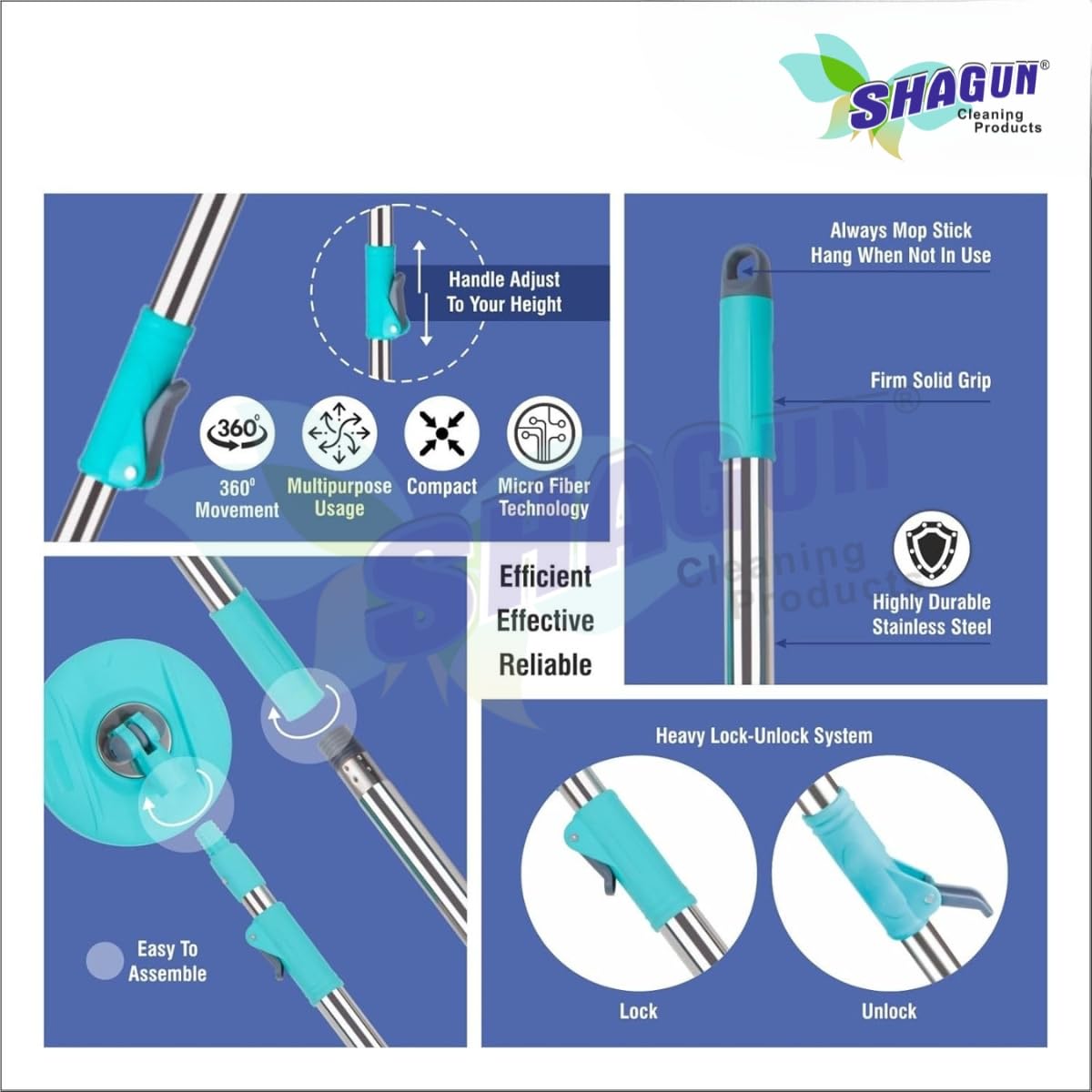 SHAGUN 360° Spin Mop Stick with Lock System, Stainless Steel Handle, Microfiber Refill, Adjustable Rod for Home & Office Cleaning