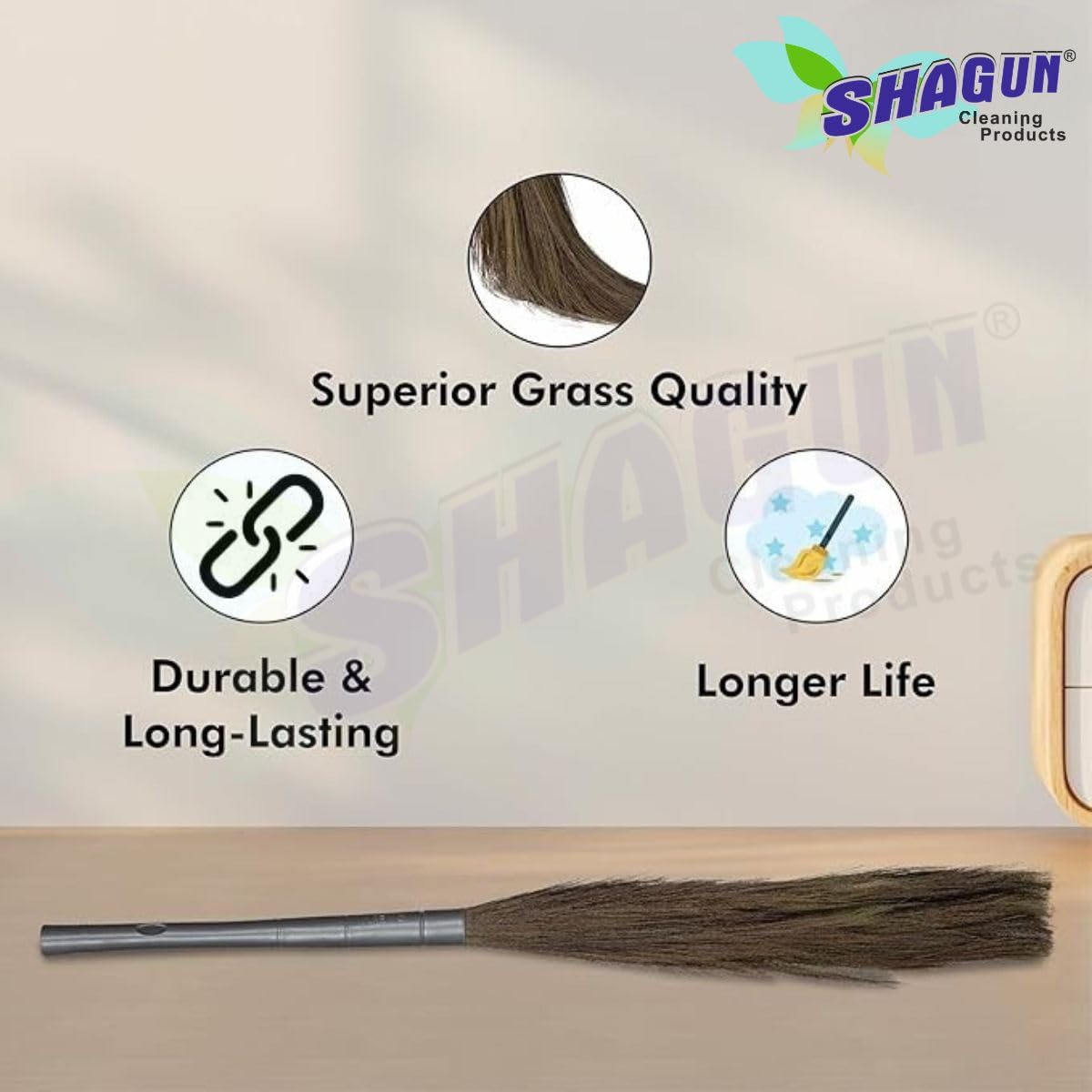 SHAGUN Heavy-Duty Grass Broom with Sturdy Handle – Long-Lasting Natural Bristles for Efficient Cleaning