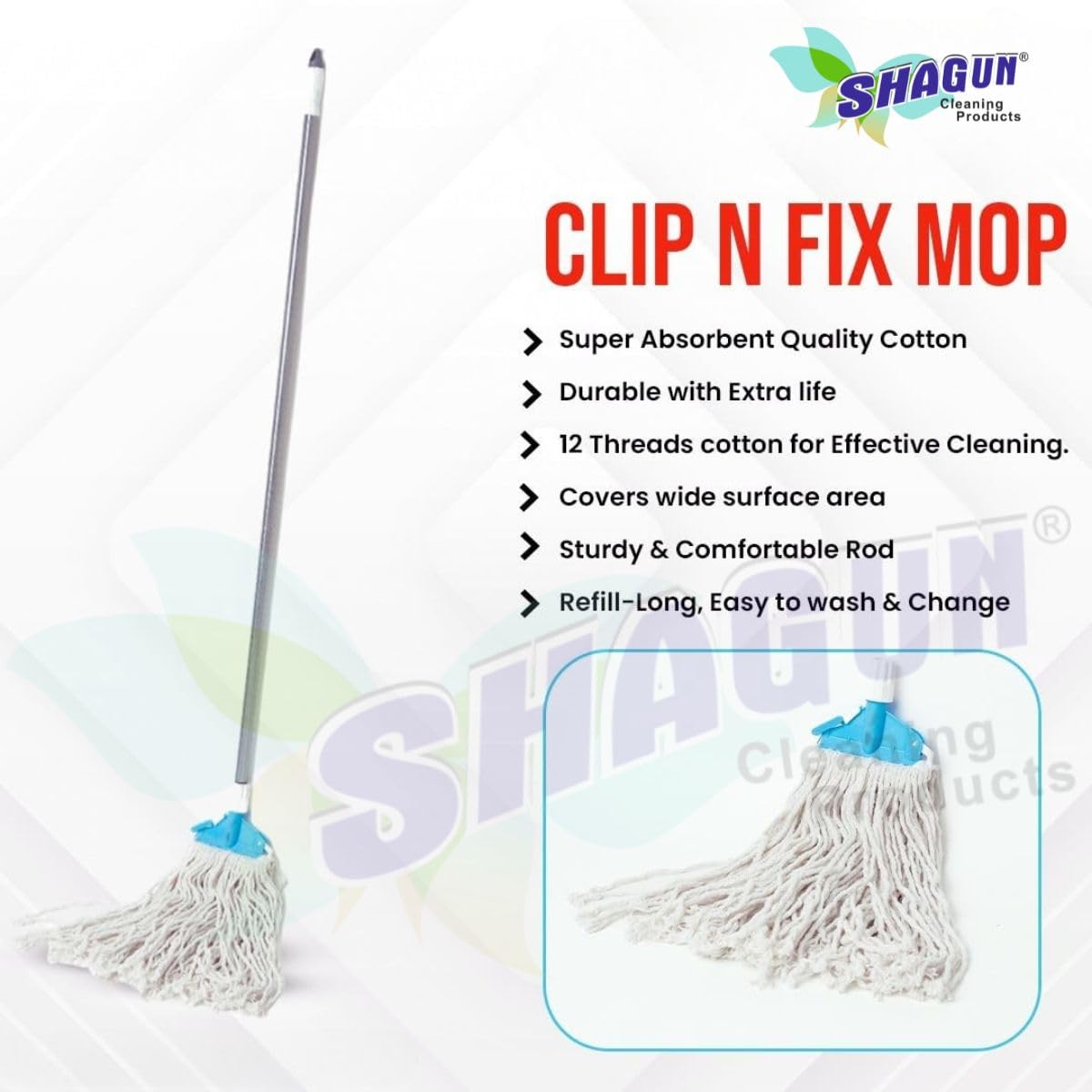 SHAGUN Cotton Wet Mop, Heavy-Duty Floor Cleaning Mop with Long Handle, Grey and Turquoise