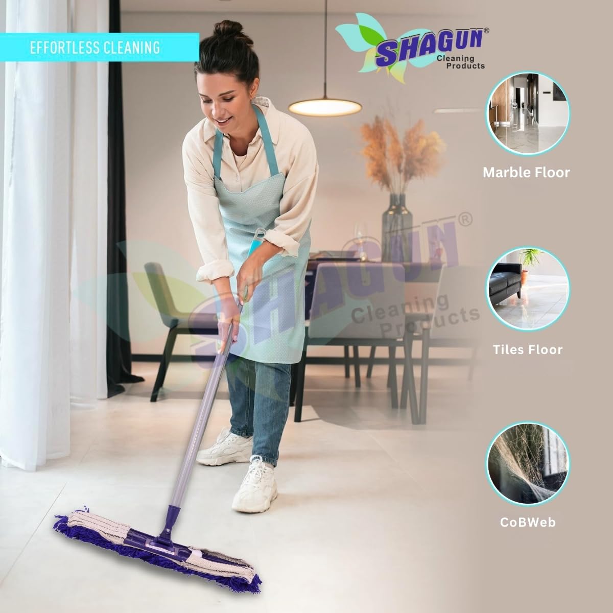 SHAGUN 360° Rotating Heavy-Duty Cotton Dry Mop Industrial Floor Cleaning with Sturdy Handle & Reusable Mop Pad