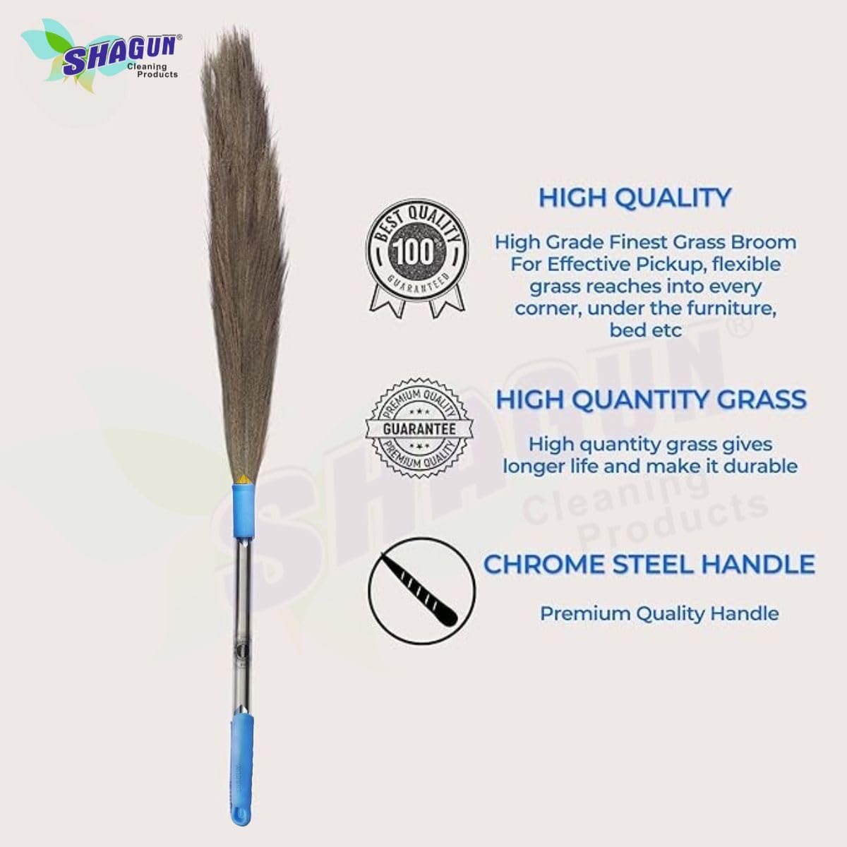 SHAGUN Extra-Long Grass Broom with Steel Handle – Durable Natural Bristles for Efficient Sweeping