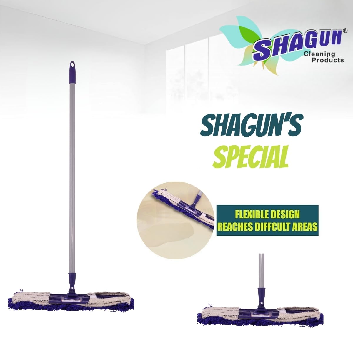 SHAGUN 360° Rotating Heavy-Duty Cotton Dry Mop Industrial Floor Cleaning with Sturdy Handle & Reusable Mop Pad