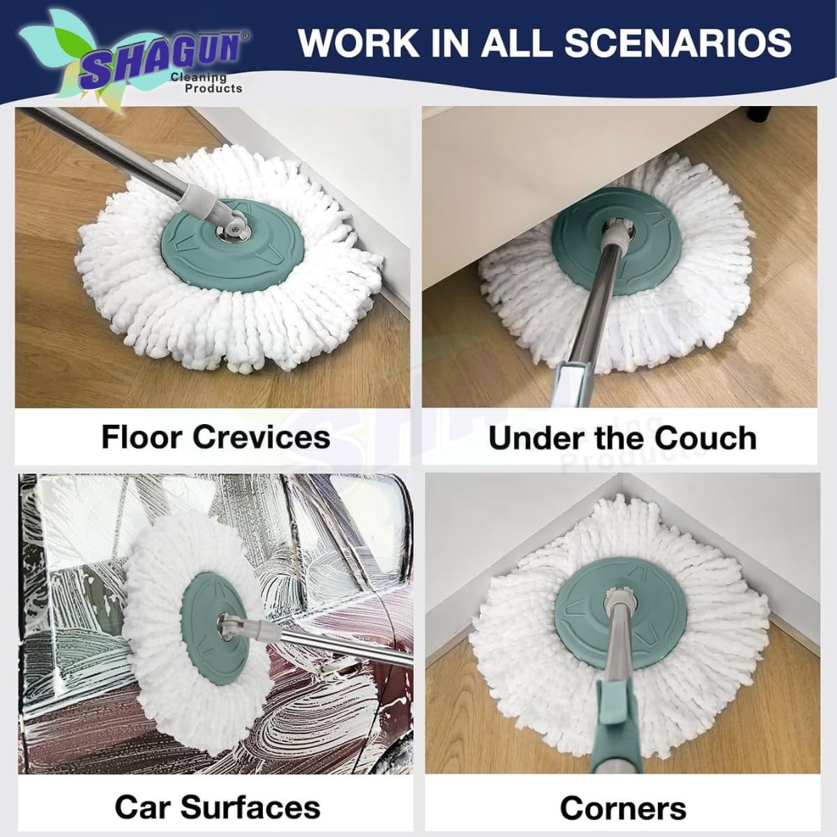 SHAGUN 360° Spin Mop Refill – Super Absorbent Microfiber Head, Durable & Washable Cleaning Pad for Home, Office, Tile, Marble & Wooden Floors (White and Blue) (4)