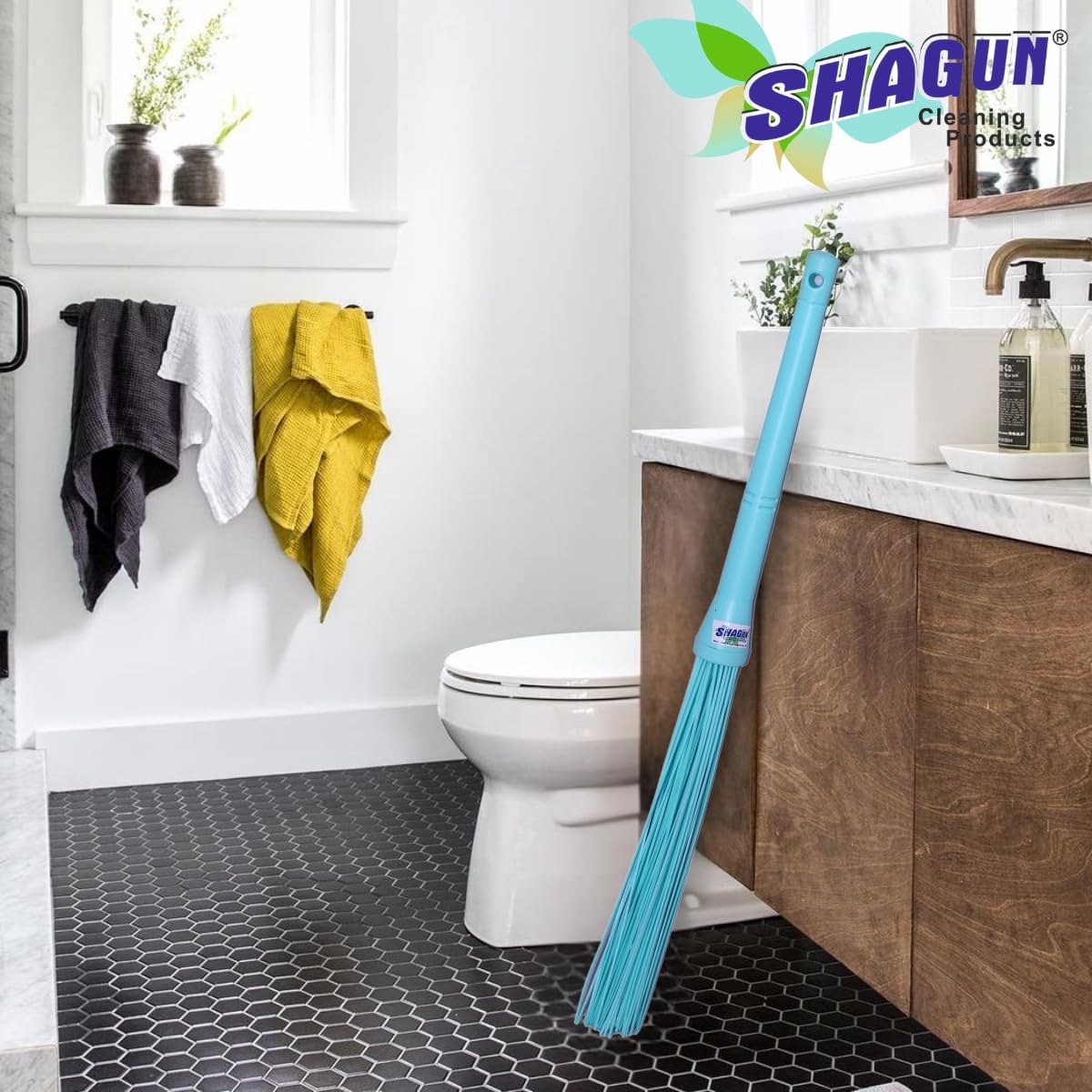 SHAGUN Premium Plastic Stick Broom | Heavy-Duty Fiber Bristles | Washable, Non-Shedding & Long-Lasting | Ideal for Wet & Dry Cleaning | Indoor & Outdoor Use