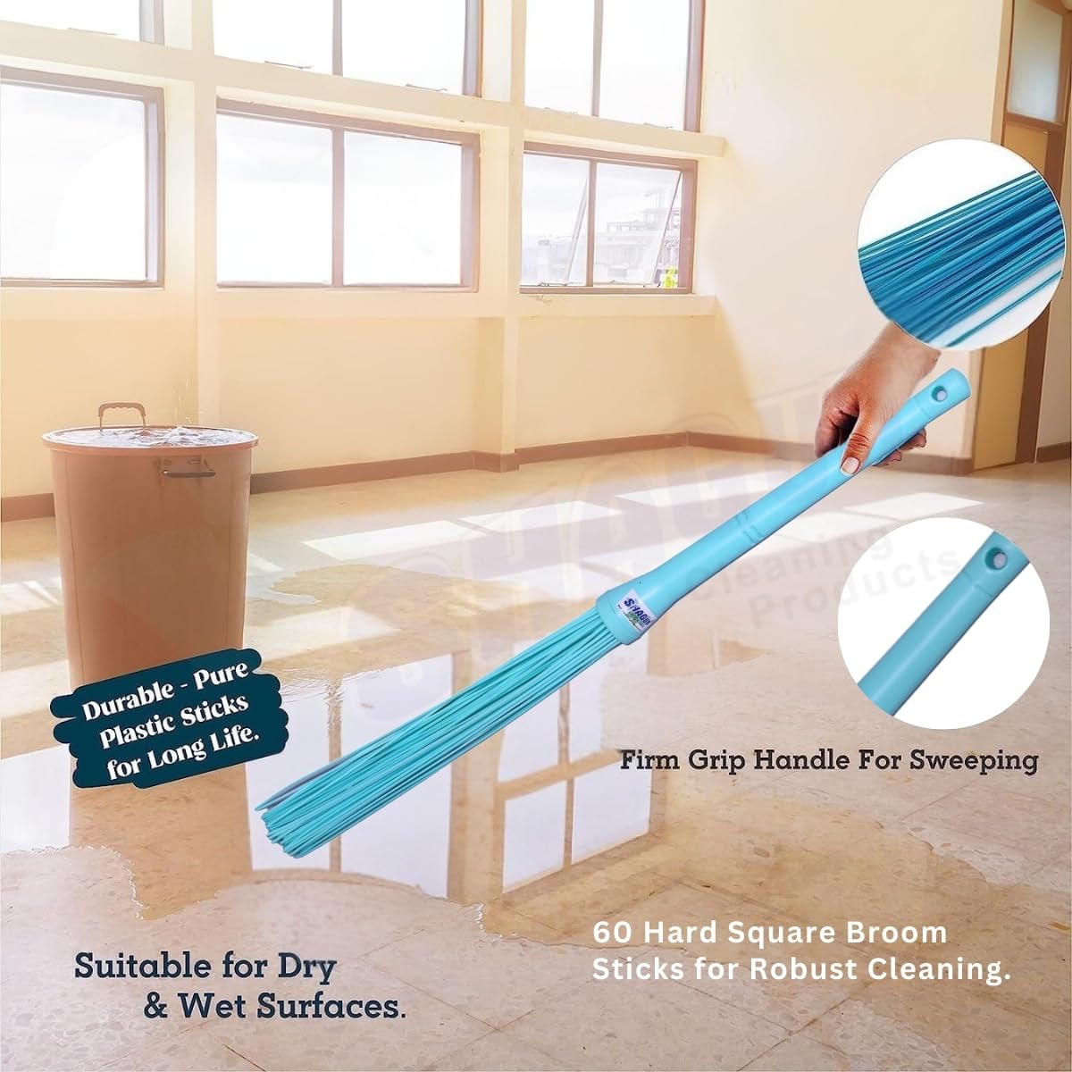 SHAGUN Premium Plastic Stick Broom | Heavy-Duty Fiber Bristles | Washable, Non-Shedding & Long-Lasting | Ideal for Wet & Dry Cleaning | Indoor & Outdoor Use